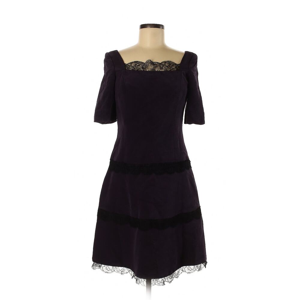 Roland Nivelais Designer Dark Purple SIlk Lace-Trim Dress Size 8
